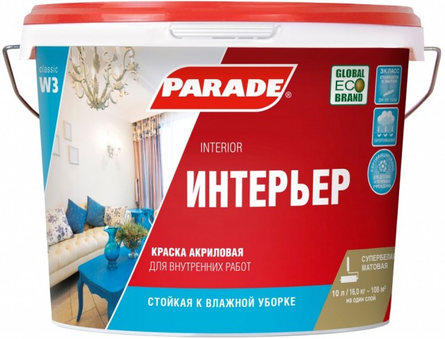 фото Краска акриловая интерьер parade w3, белый матовый 10л