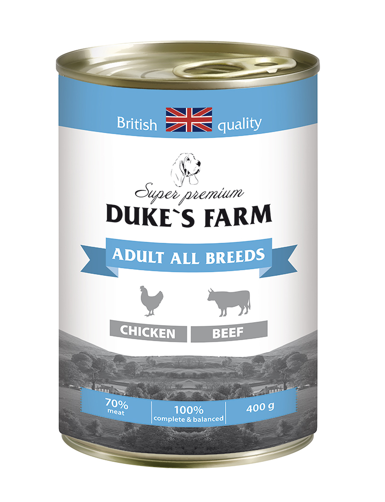 фото Консервы для собак duke's farm adult, курица, говяжьи потрошка, 6шт, 400г
