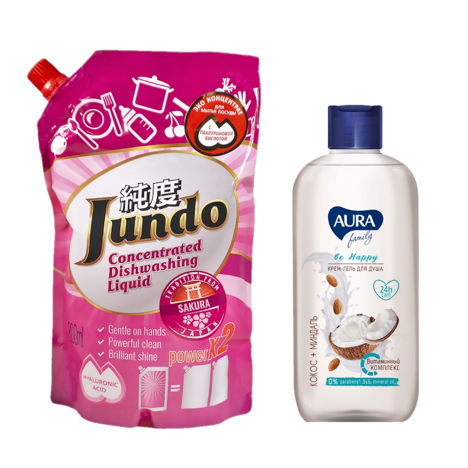 

Крем-гель для душа AURA FAMILY 400мл + Гель для мытья посуды Jundo Sakura 0,8 л