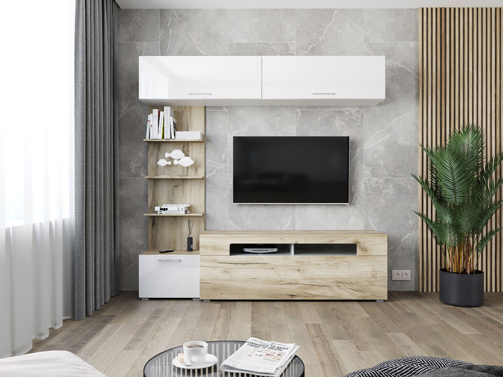 

Стенка для гостиной прямая НКМ Сидней 200х43,9х198,4, дуб серый крафт/белый глянец, Сидней