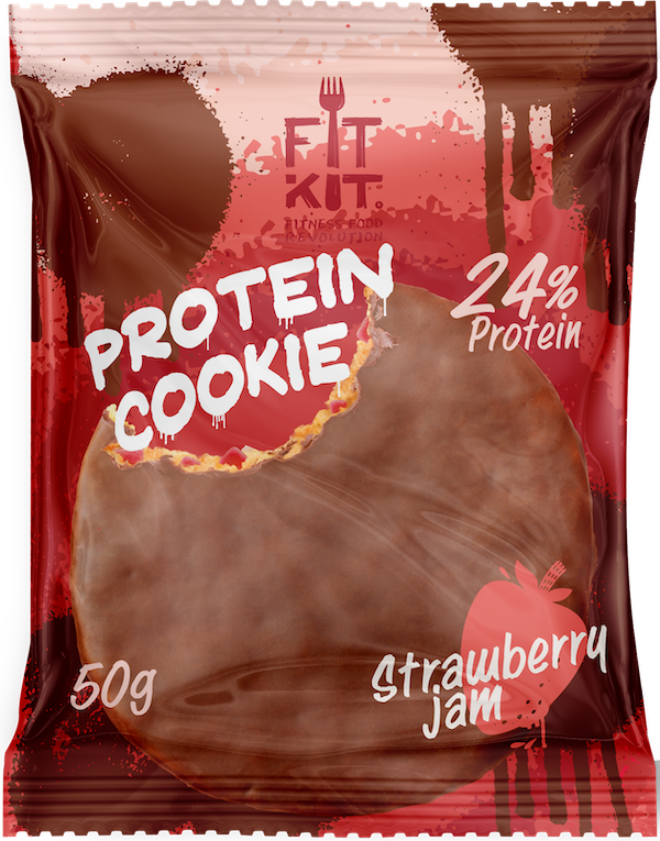 фото Протеиновое печенье в шоколаде fit kit chocolate protein cookie, клубничное варенье, 50г