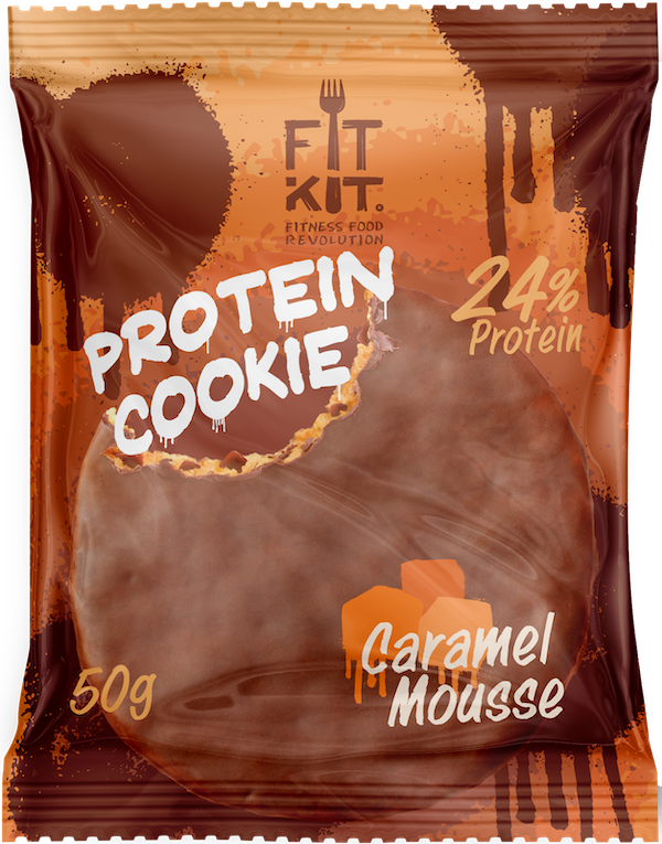 фото Протеиновое печенье в шоколаде fit kit chocolate protein cookie, карамельный мусс, 50г