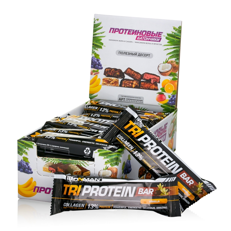 фото Батончик "ironman" "tri protein bar", 50г (ваниль/тёмная глазурь)(24 шт)