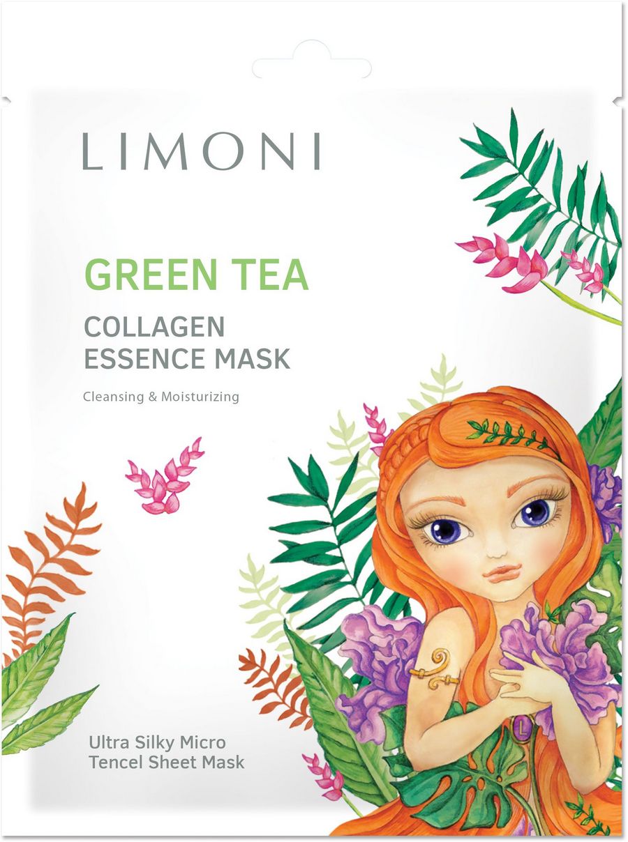 Тканевая маска для лица тонизирующая с зелёным чаем и коллагеном Limoni Green Tea Collagen