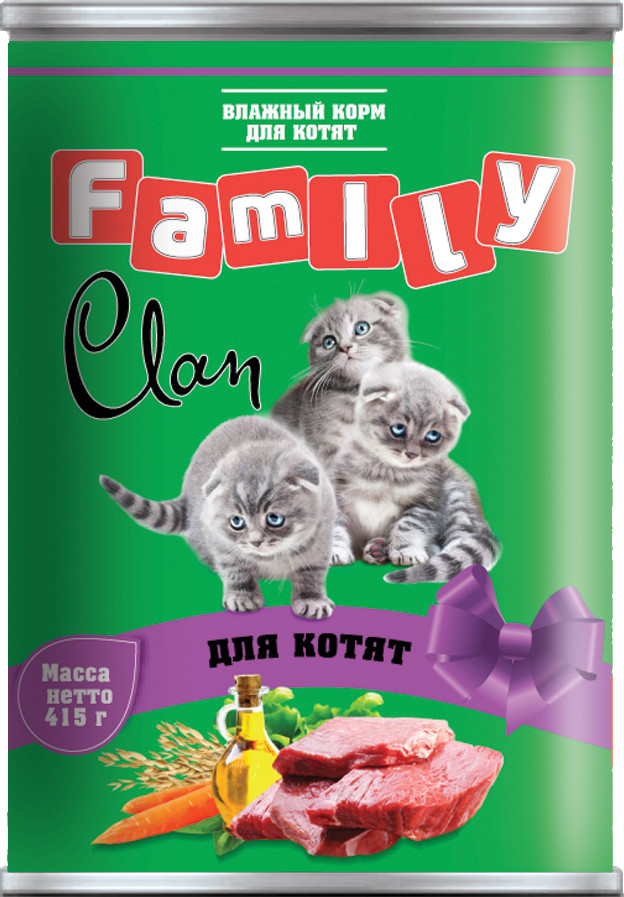 

Влажный корм для кошек Clan Family , телятина, 9шт, 415г, Family