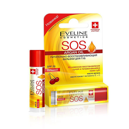 Бальзам для губ Eveline SOS Argan Oil питательный, восстанавливающий, вишня, 4,5 г бальзам для губ eveline sos argan oil ваниль spf 15 питательно восстанавливающий 4 5 г