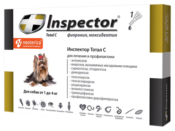 фото Капли для собак против блох, власоедов, вшей, клещей inspector, до 4 кг, 1 пипетка, 0,4 мл