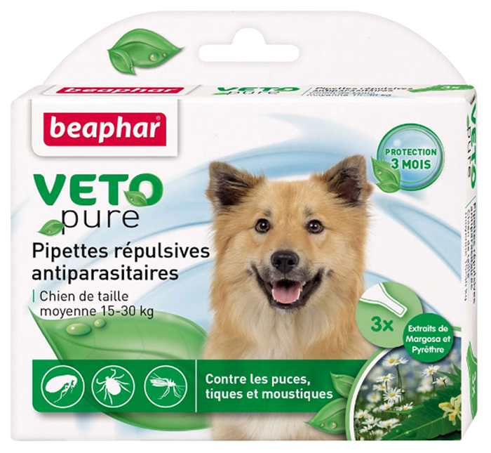 Капли для средних собак против блох, клещей, комаров Beaphar VETO pure, 3 пипетки, 1 мл