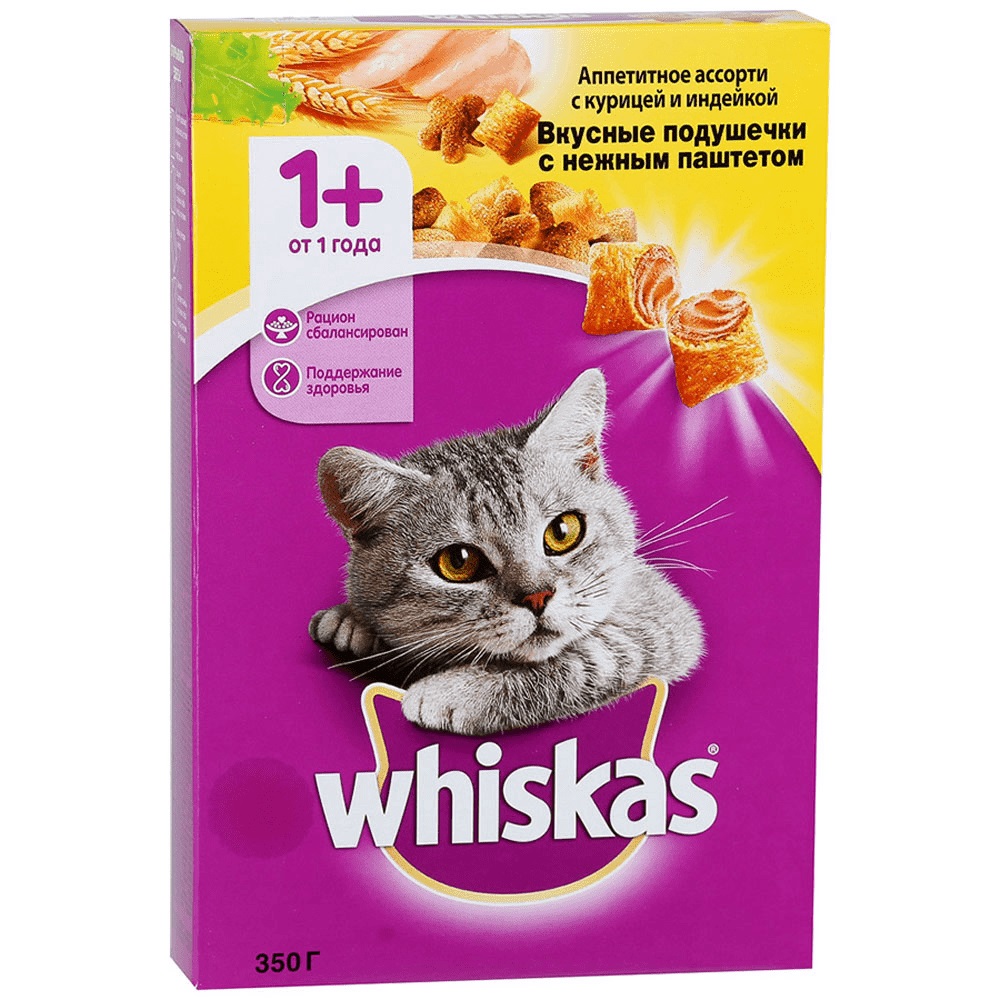 фото Сухой корм для кошек whiskas вкусные подушечки, курица, утка и индейка, 0,35кг