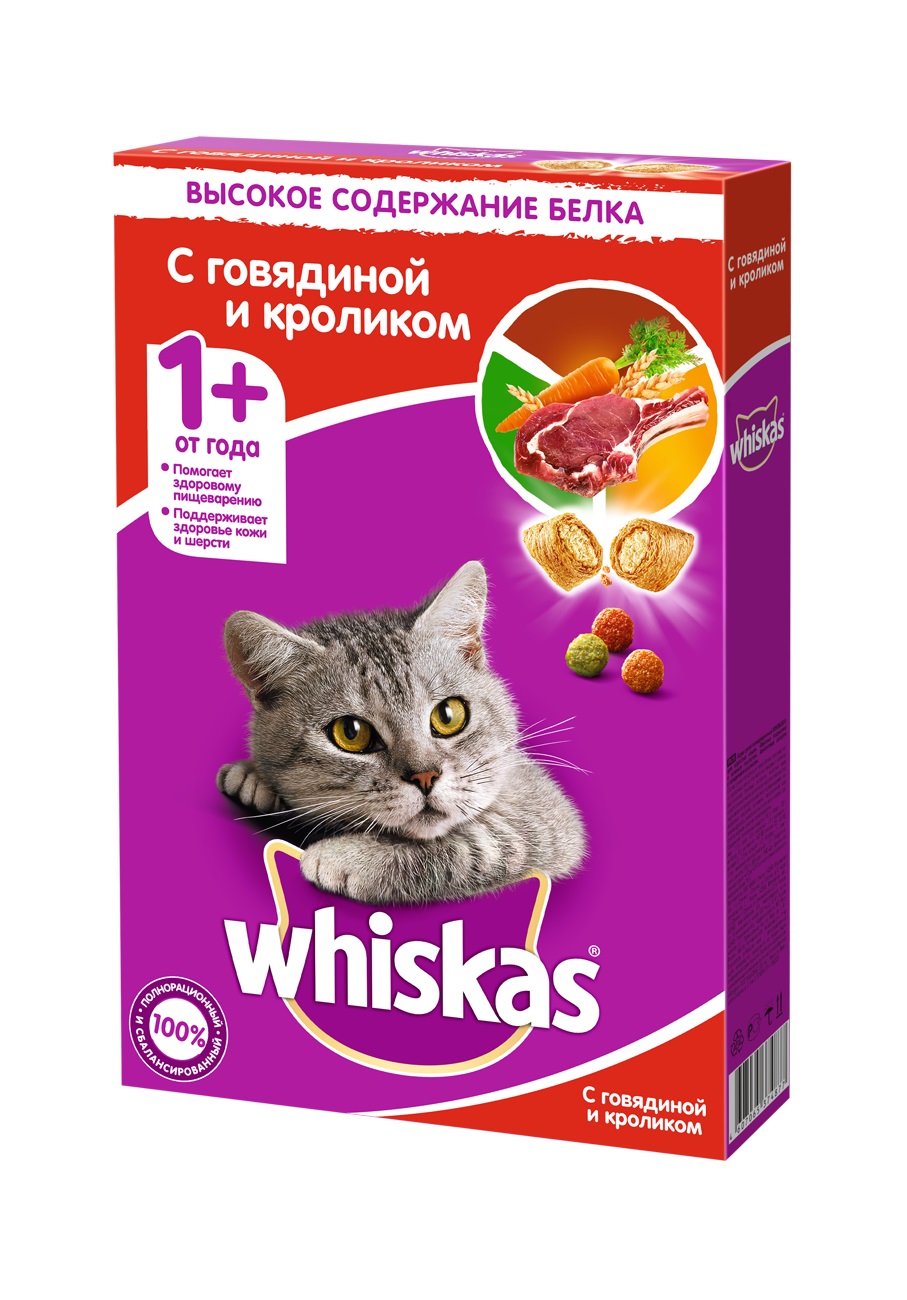 Сухой корм для кошек Whiskas, подушечки с паштетом, ассорти с говядиной и кроликом, 0,35кг