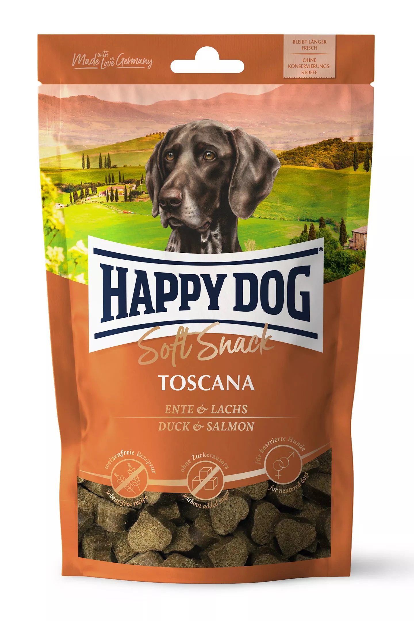 фото Лакомство для собак happy dog toscana, сердечки, утка, лосось, 100г, 10 шт