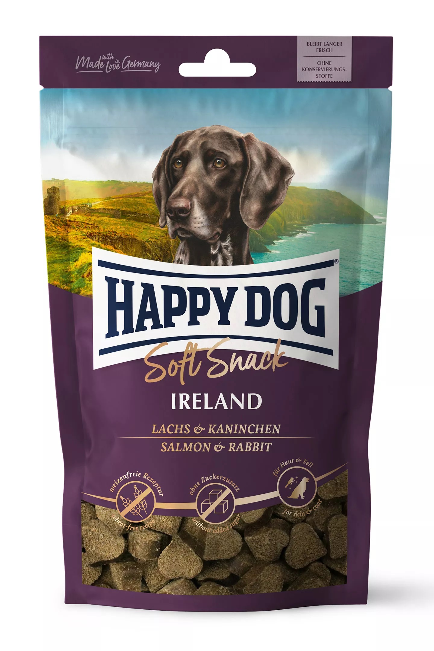 фото Лакомство для собак happy dog ireland, сердечки, кролик, лосось, 100г