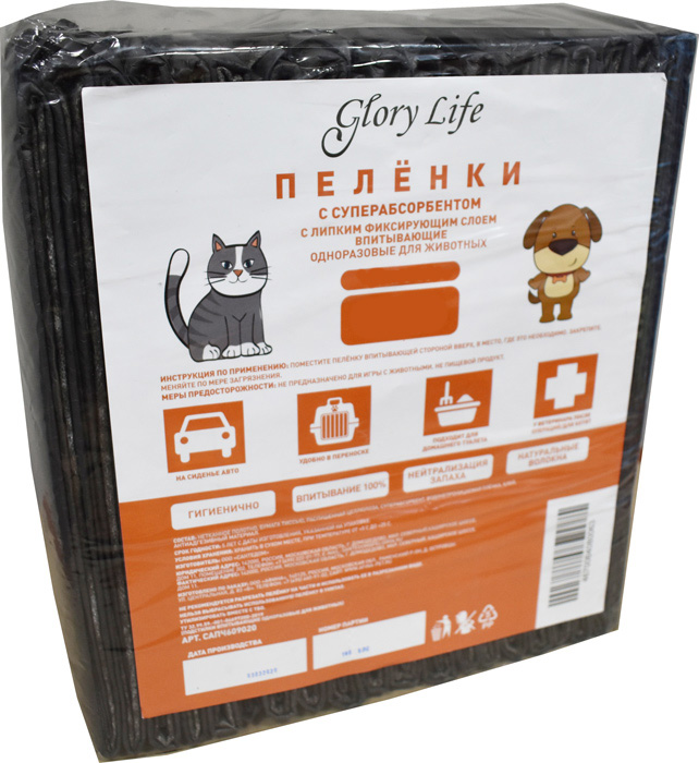 

Пеленки для животных Glory Life c суперабсорбентом и липким слоем, черные, 60x60см, 20шт, Черный