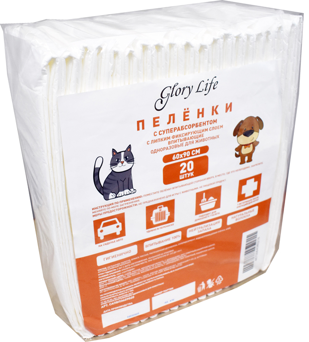 

Пеленки для животных Glory Life c суперабсорбентом и липким слоем, белые, 60x90см, 20шт, Белый