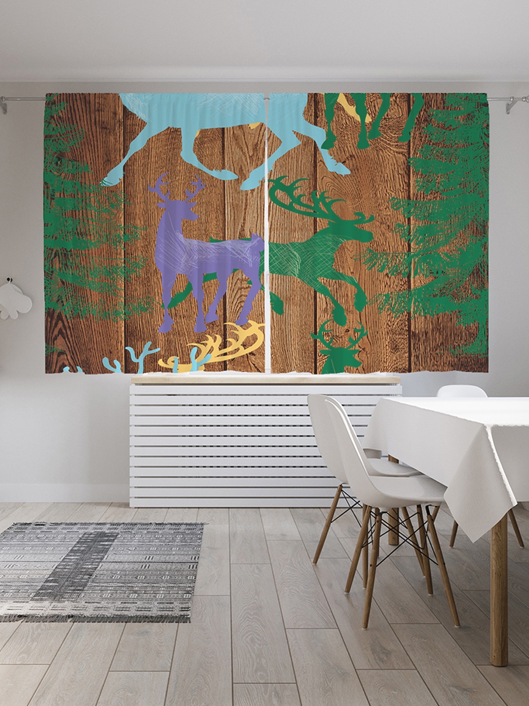 фото Шторы с фотопечатью "красочные олени на деревянных досках" из сатена, 290х180 см joyarty