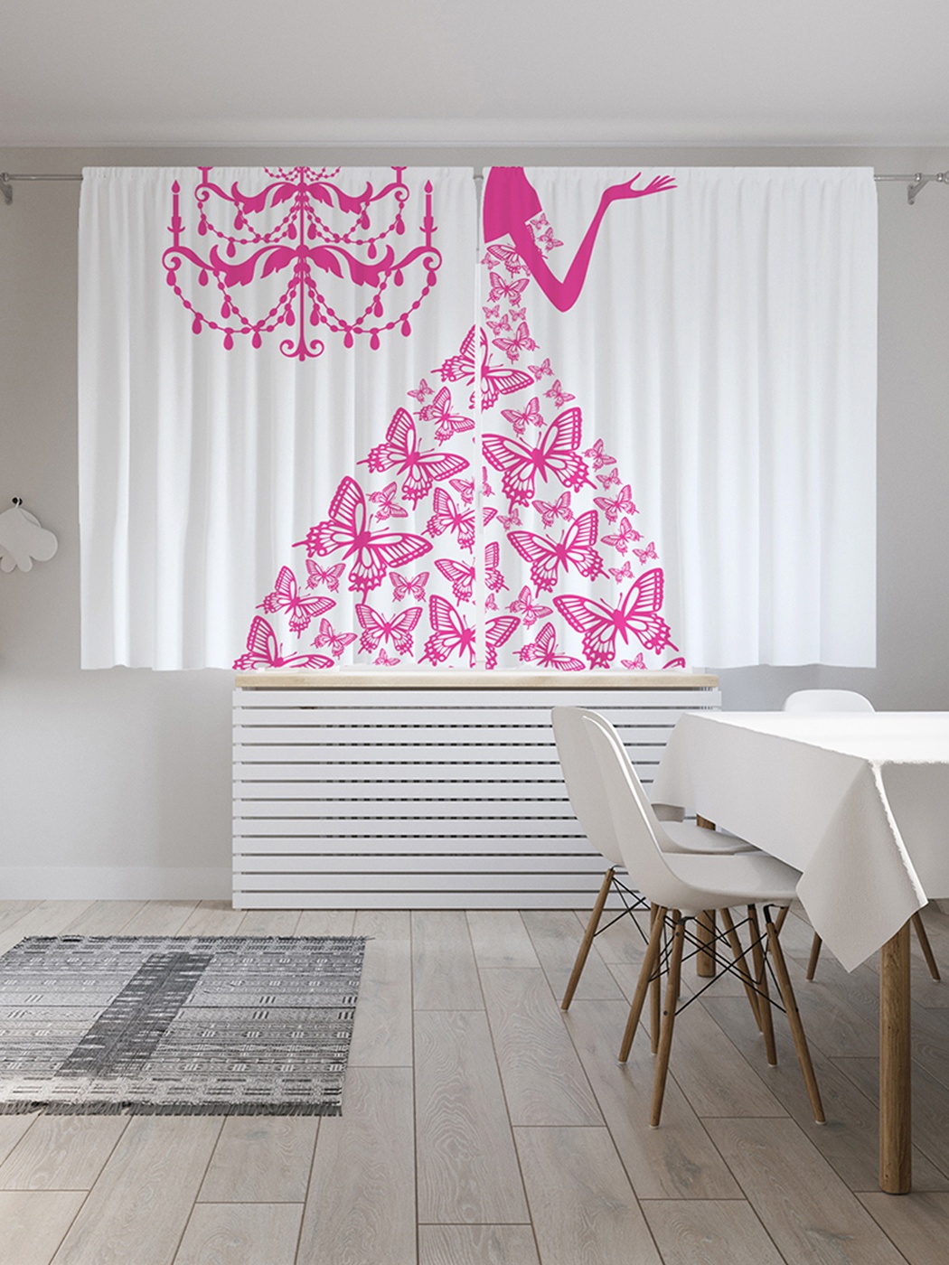 фото Шторы с фотопечатью "платье с розовыми бабочками" из сатена, 290х180 см joyarty