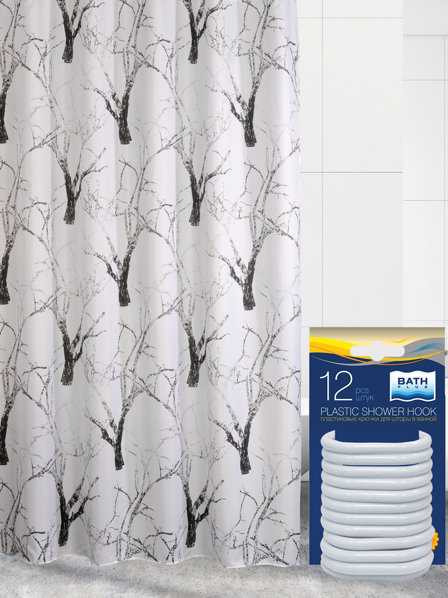 

Штора для ванной и кольца комплект BATH PLUS FOREST TEXTURE akch-21266