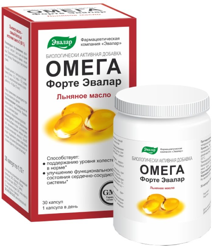 фото Эвалар омега-жиры эвалар омега форте (льняное масло), 30 капс