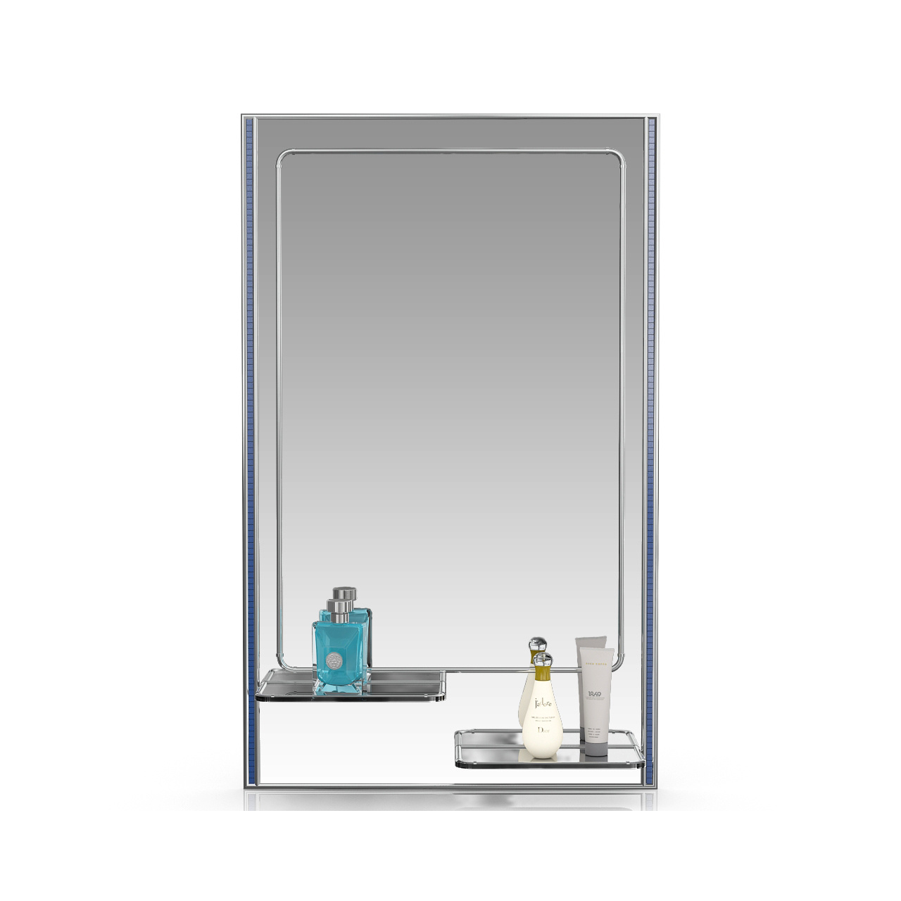 фото Зеркало еврозеркало 123м2 серебро куб голубой, 45х73 см., для ванной комнаты, две полочки