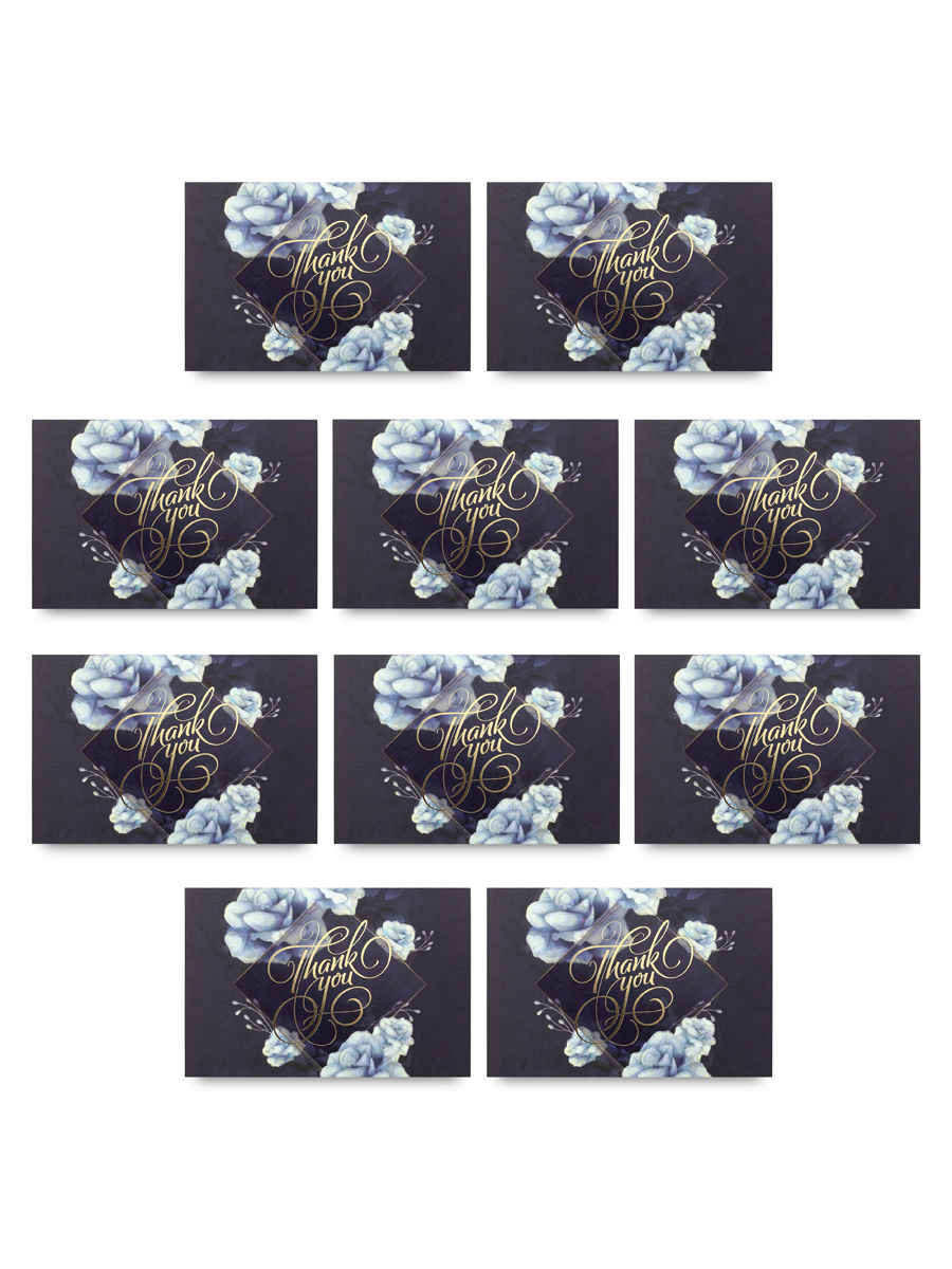 Комплект из 10 дизайнерских открыток  Thank you Blue Flowers  для благодарности