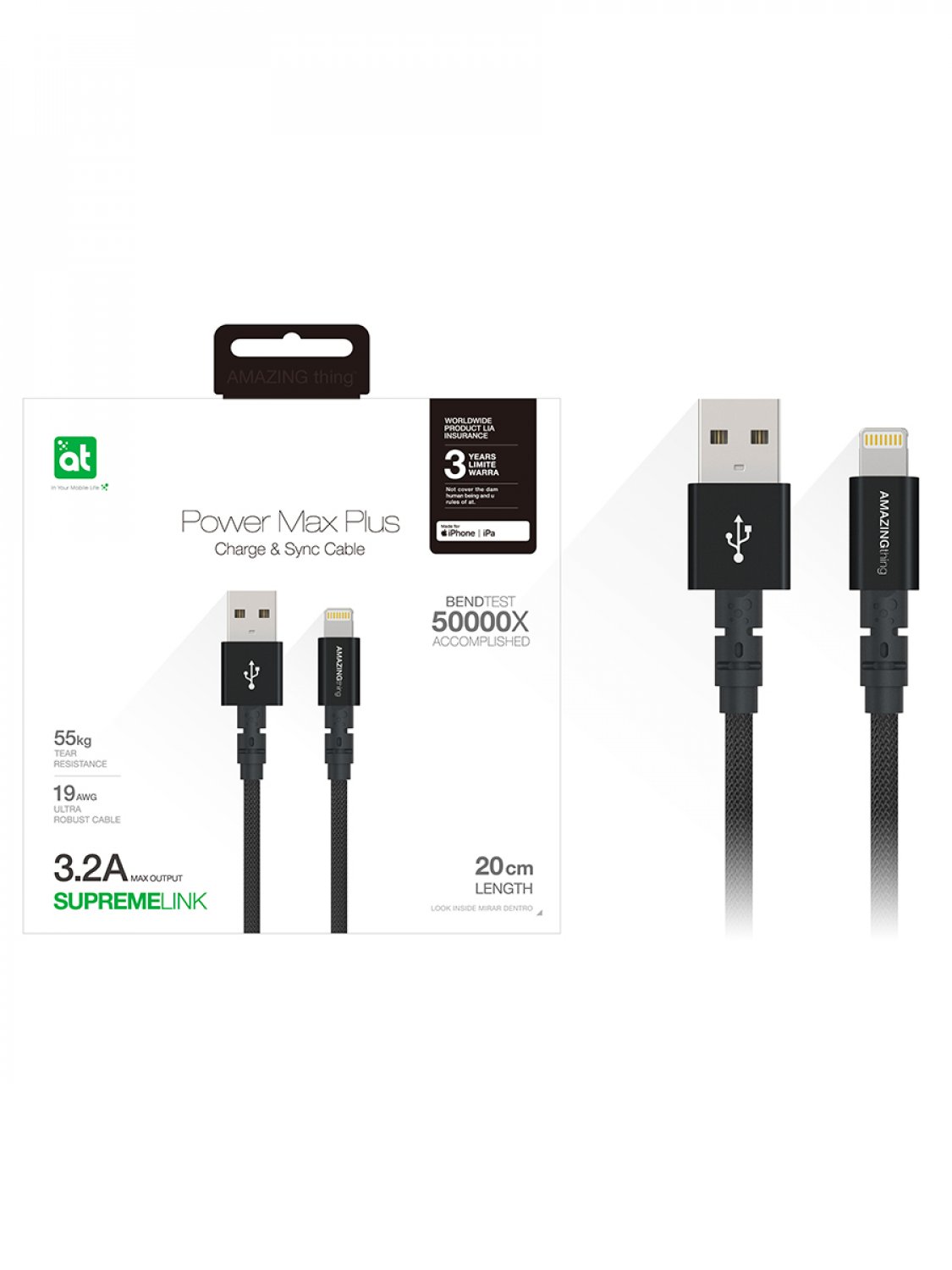 Кабель Amazingthing SupremeLink MFi Power Max Plus USB-iP Black 0.2m 3.2A