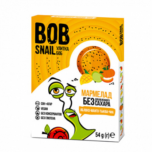 

Мармелад фруктово-овощной "Яблоко, манго, тыква, чиа" Bob Snail 54 г