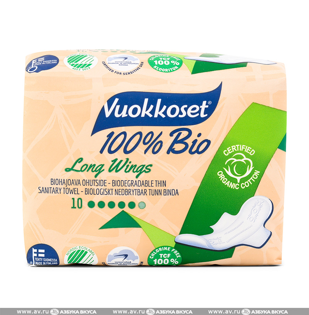 

Прокладки женские Vuokkoset Long Wings 100% BIO 10 шт, 100% BIO Wings Long 12 шт.