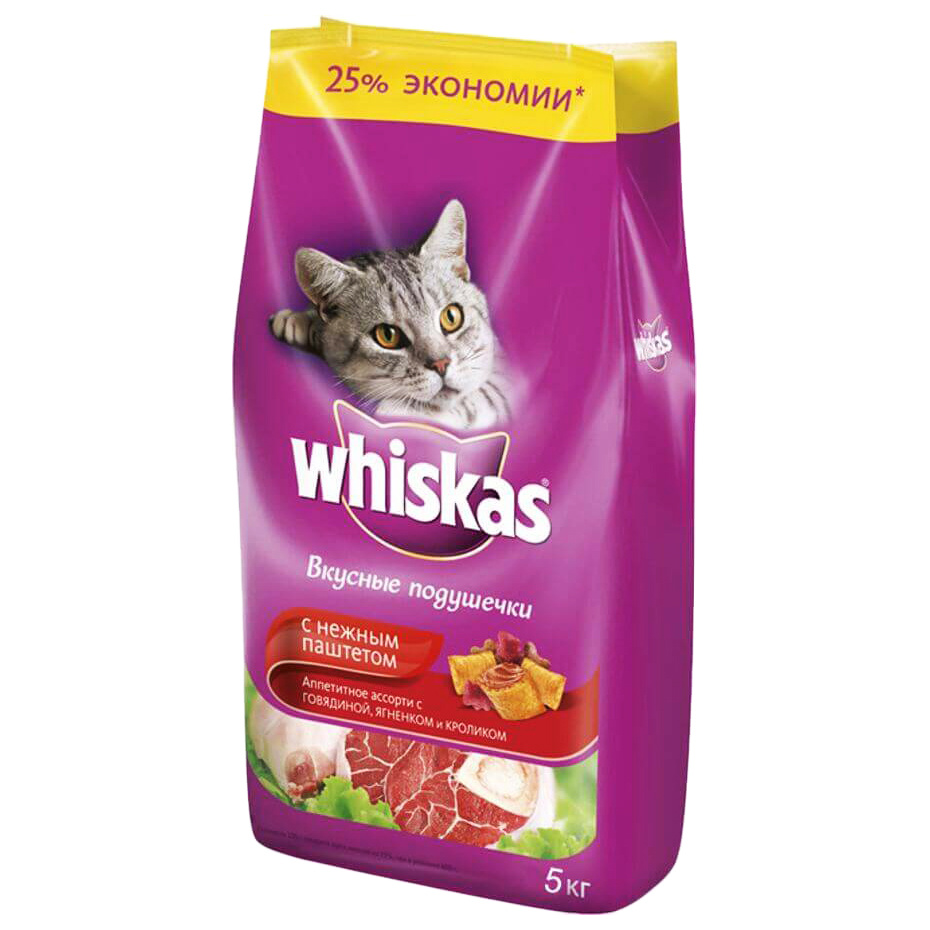 Сухой корм для кошек Whiskas, подушечки с паштетом, с говядиной и кроликом, 5кг