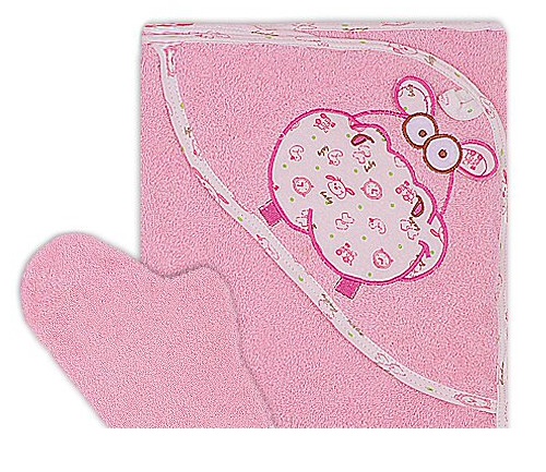 фото Полотенце мотылек махровое, уголок с вышивкой бегемот 100х110 см цв. розовый