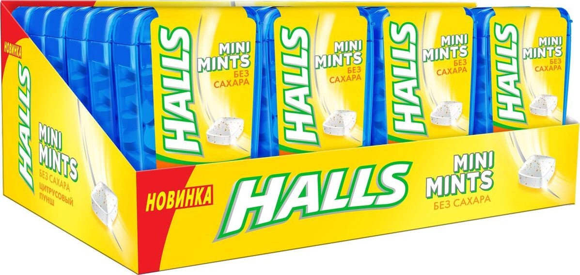 Леденцы HALLS Mini Mints без сахара, Цитрусовый пунш, Шоубокс, 12.5г *24 шт