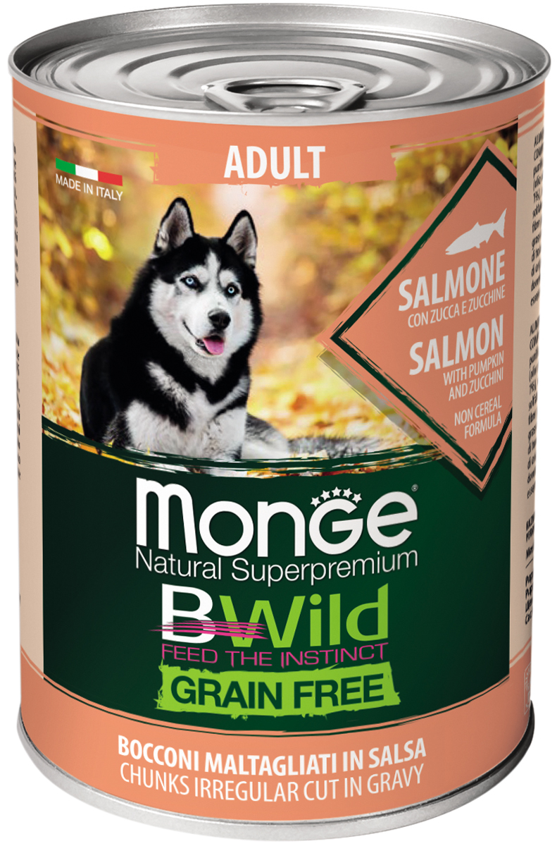 фото Консервы для собак monge bwild grain free adult, лосось, тыква и кабачки, 24шт по 400г