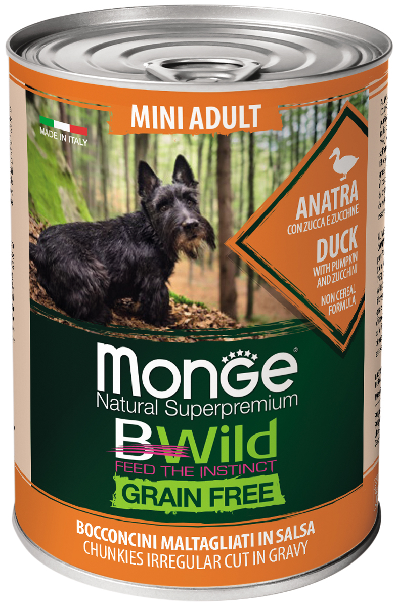 фото Консервы для собак monge bwild grain free mini adult, утка, тыква и кабачки, 24шт по 400г