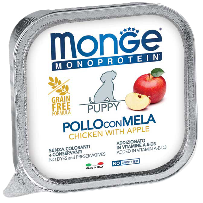 Консервы для щенков Monge Monoprotein Fruits, паштет с курицей и яблоками, 24шт по 150г