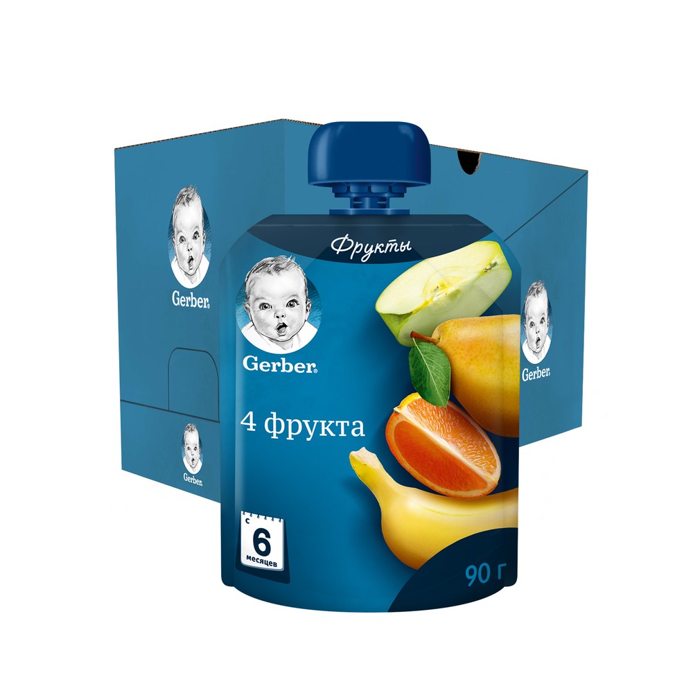 

Фруктовое пюре Gerber 4 фрукта с 6 мес., 8 шт. по 90 г, 4 фрукта пауч