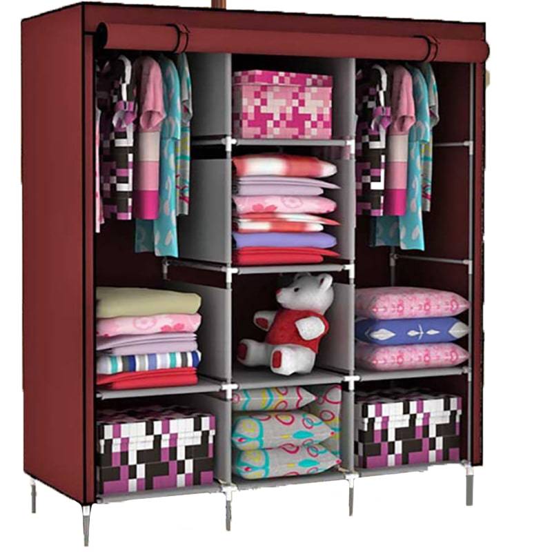 фото Складной каркасный тканевый шкаф storage wardrobe 175х130х45 см бордовый