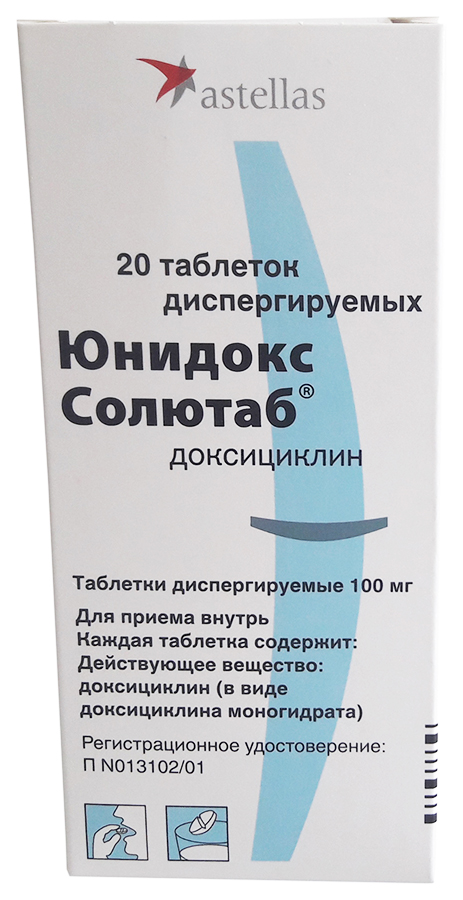 Купить Юнидокс Солютаб таблетки диспергируемые 100 мг, 20 шт., Astellas Pharma, Россия