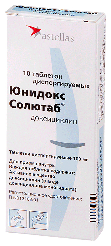 Купить Юнидокс Солютаб таблетки диспергируемые 100 мг, 10 шт., Astellas Pharma, Россия