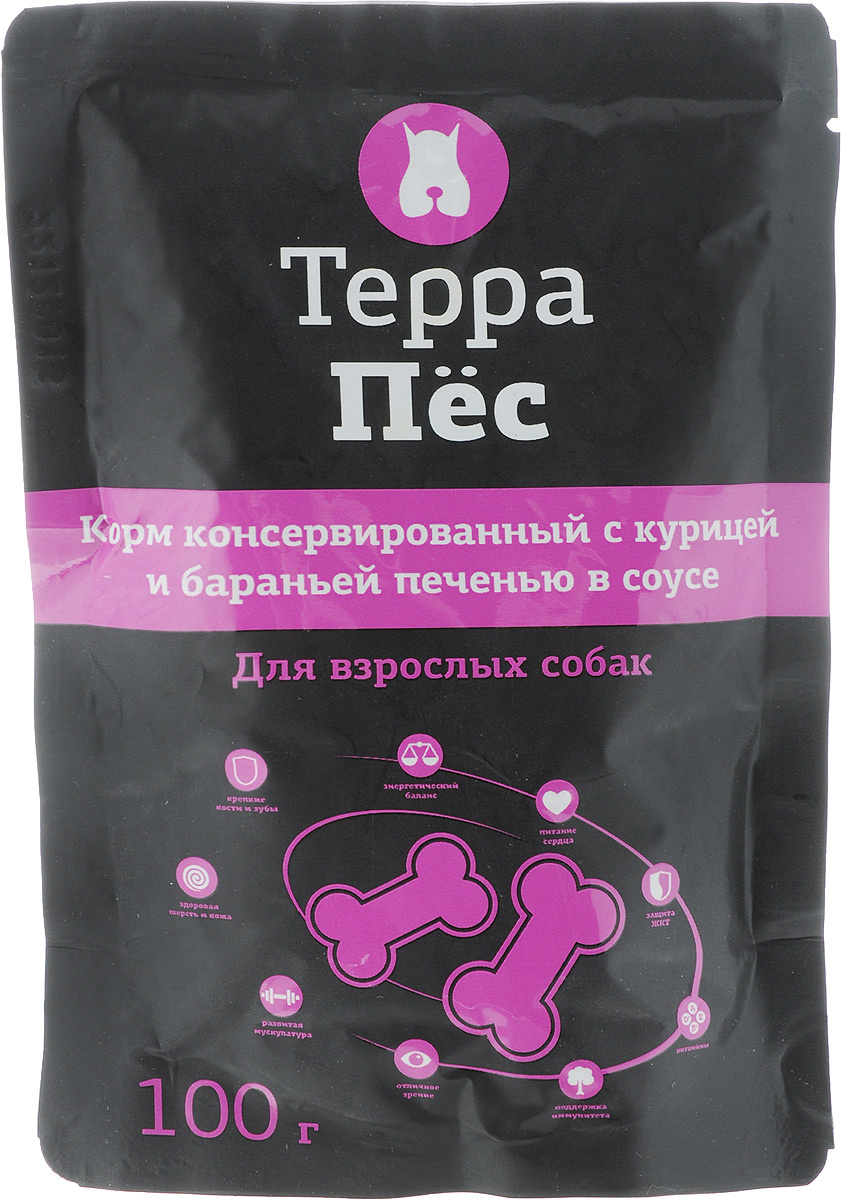 Влажный корм для собак ТЕРРА ПЕС в соусе курица баранья печень 100г 3000₽
