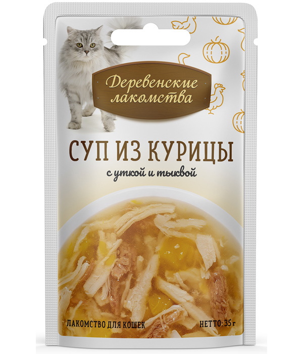 фото Лакомство для кошек деревенские лакомства суп из курицы с уткой и тыквой, 35г, 15шт