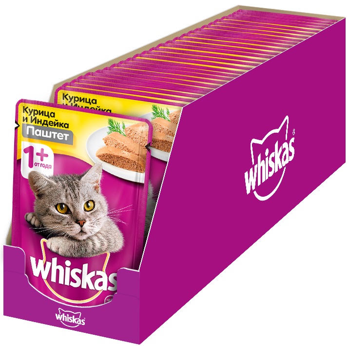 фото Влажный корм для кошек whiskas паштет из курицы с индейкой, 24 шт по 85г