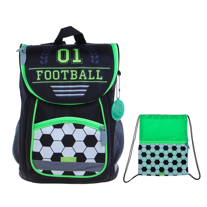 фото Ранец детский стандарт сalligrata 36 х 26 х 16 + мешок для обуви футбол черный/зеленый calligrata