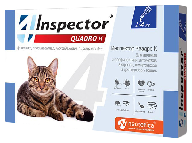 Противопаразитарные капли для кошек Neoterica Inspector Quadro К, масса 1-4 кг