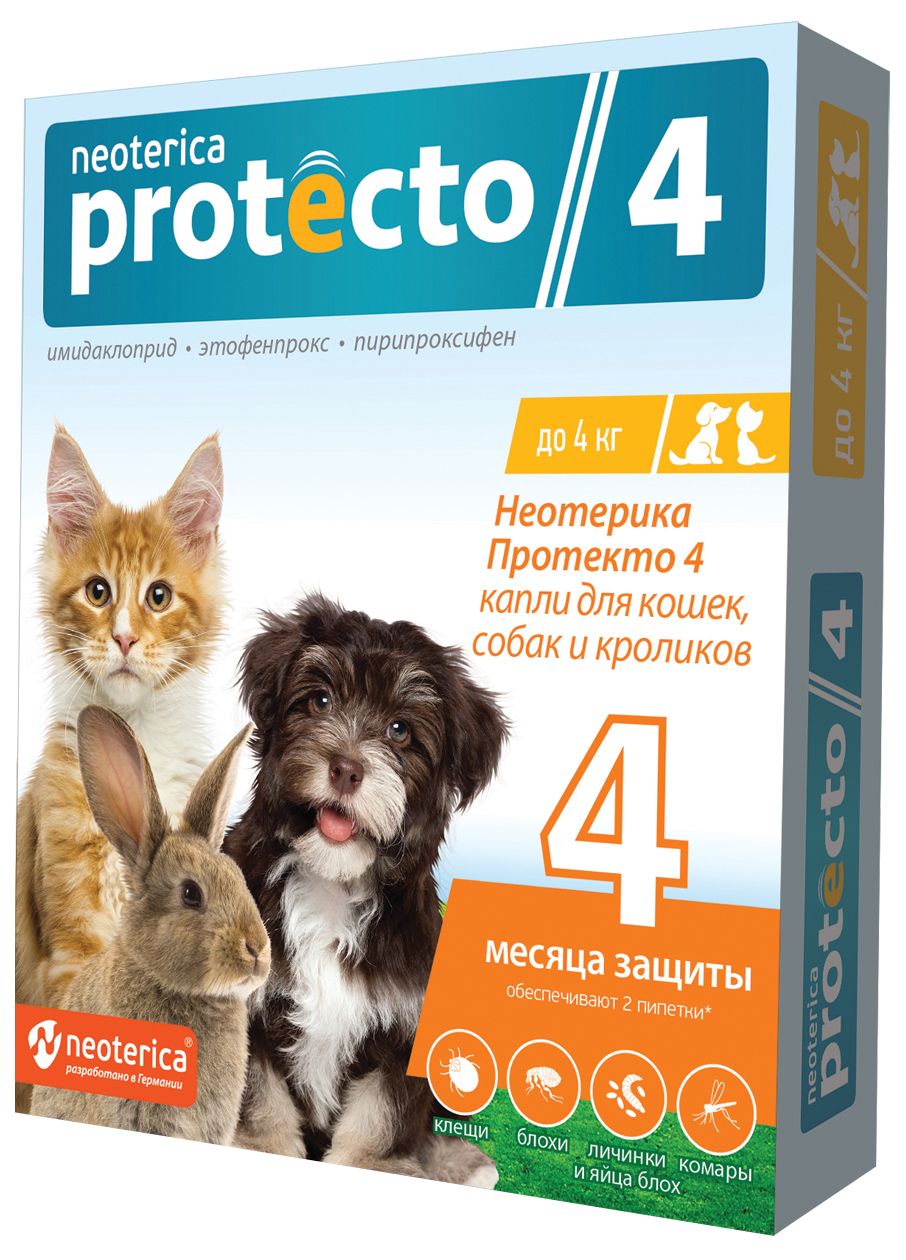 Капли от блох и клещей для кошек, собак, кроликов Neoterica Protecto 4, масса до 4 кг, 2шт