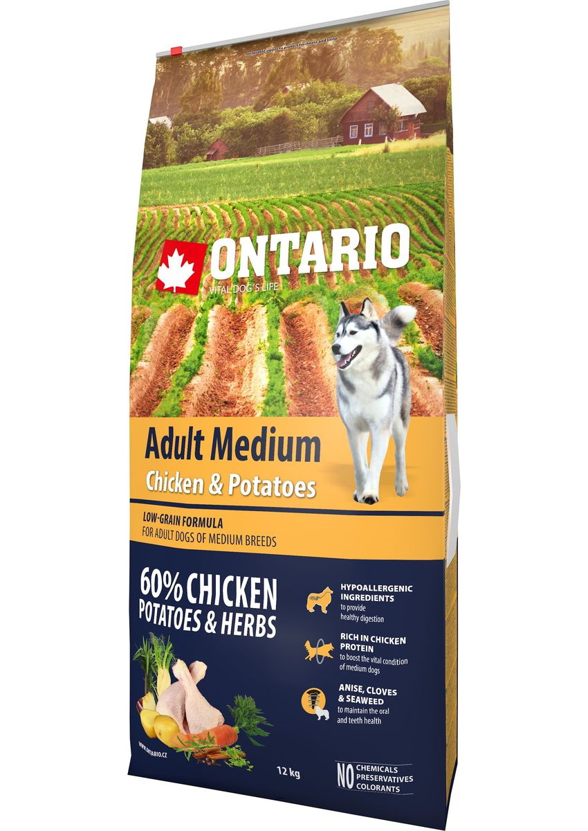 

Сухой корм для собак Ontario Adult Medium, курица, картофель, 12кг, Adult Medium