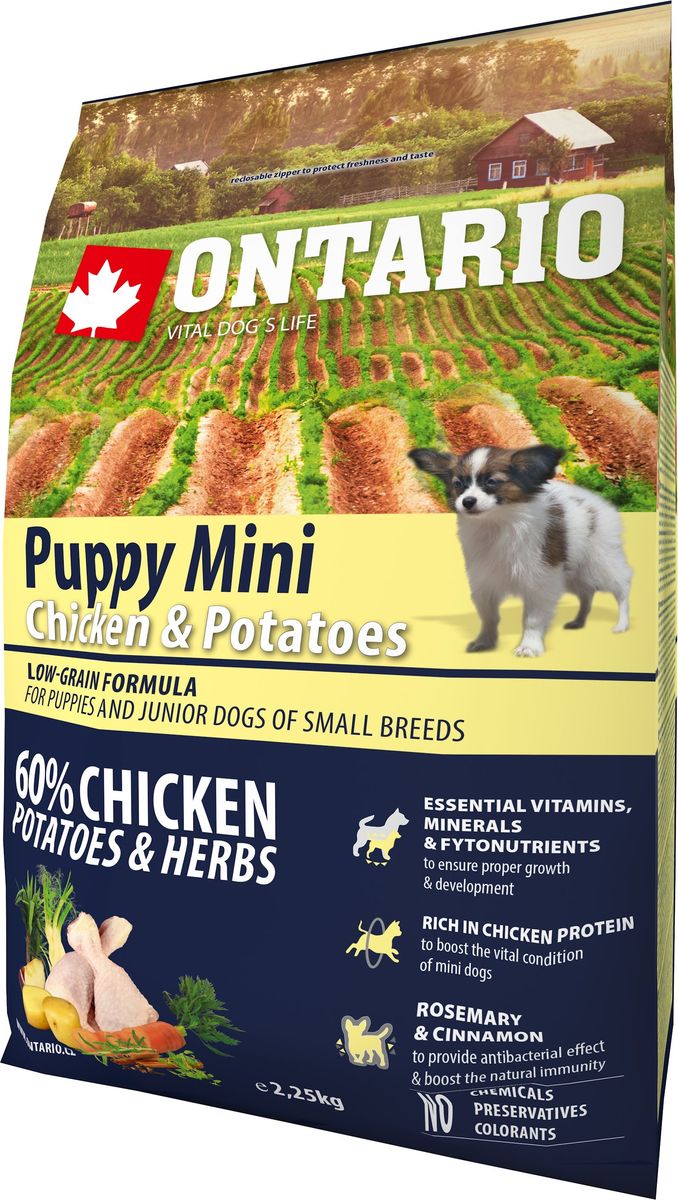 

Сухой корм для щенков Ontario Puppy Mini, курица, картофель, 2.25кг, Puppy Mini