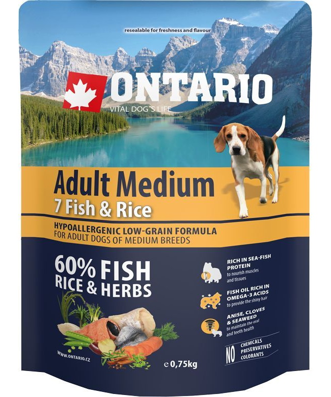 фото Сухой корм для собак ontario adult medium, рыба, рис, 0.75кг