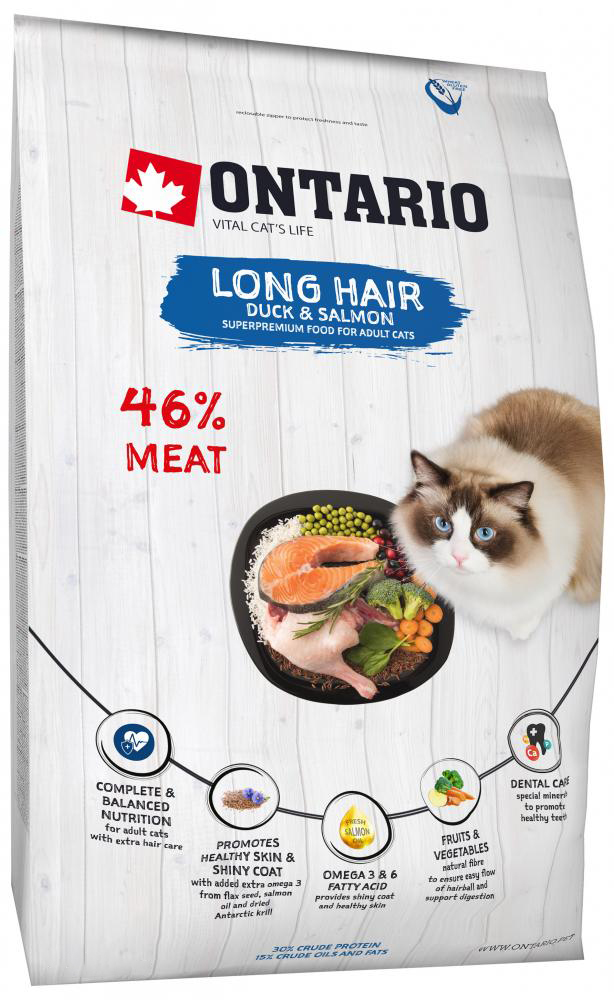 Сухой корм для кошек Ontario Long hair, утка, лосось,  2кг