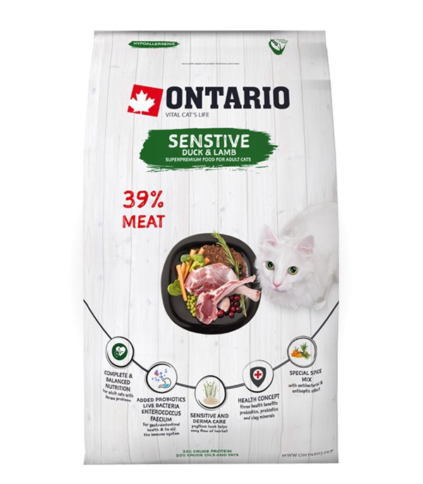 Сухой корм для кошек Ontario Sensitive, утка, ягненок,  2кг