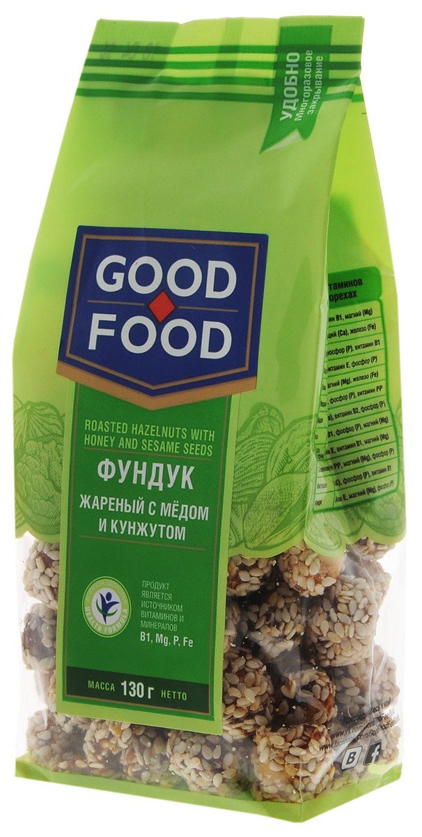 

Фундук Good Food жареный с медом и кунжутом 130г