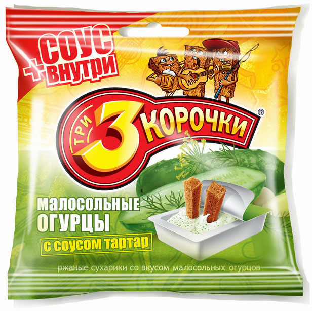 фото Сухарики три корочки малосольные огурцы с соусом тартар 60 г + 25 мл